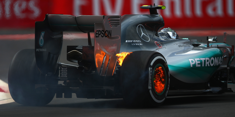 Photo Credit: Getty Images, pictured is Nico Rosberg catching his rear brakes on fire last year in Mexico